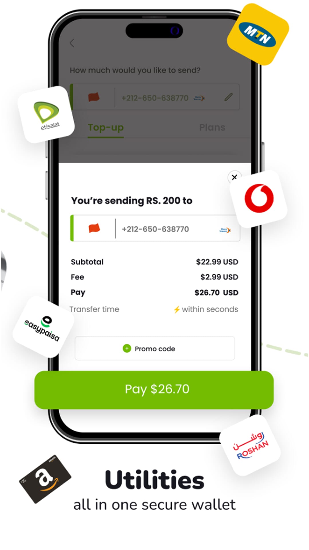 Home screen showing wallet balance and quick access to mobile recharge and money transfers