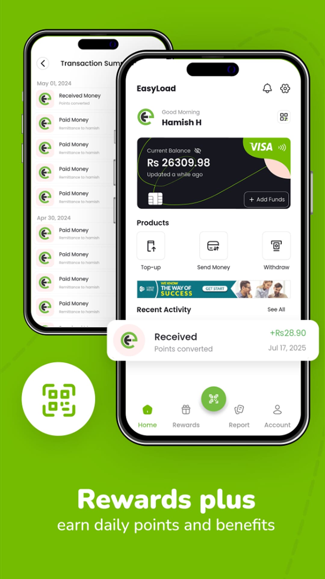 Mobile recharge screen showing operator selection and instant top-up with EasyLoad